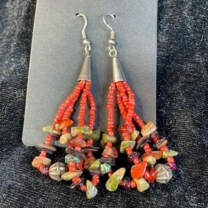 Vintage bead, Jasper, coral and sterling silver dangle earrings